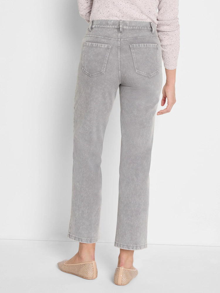 Faded light grey straight knit ankle jeans, seen from behind, with two back pockets and belt loops.