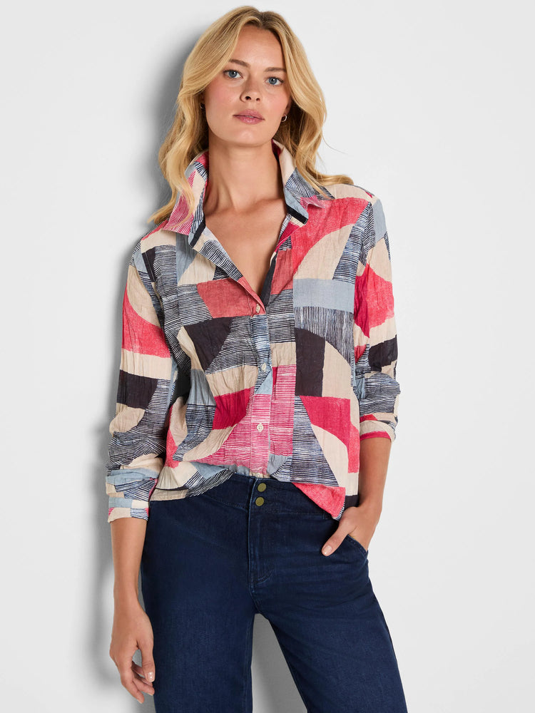 Crinkle shirt with a pattern of red, blue, black & beige geometric blocks and stripes.