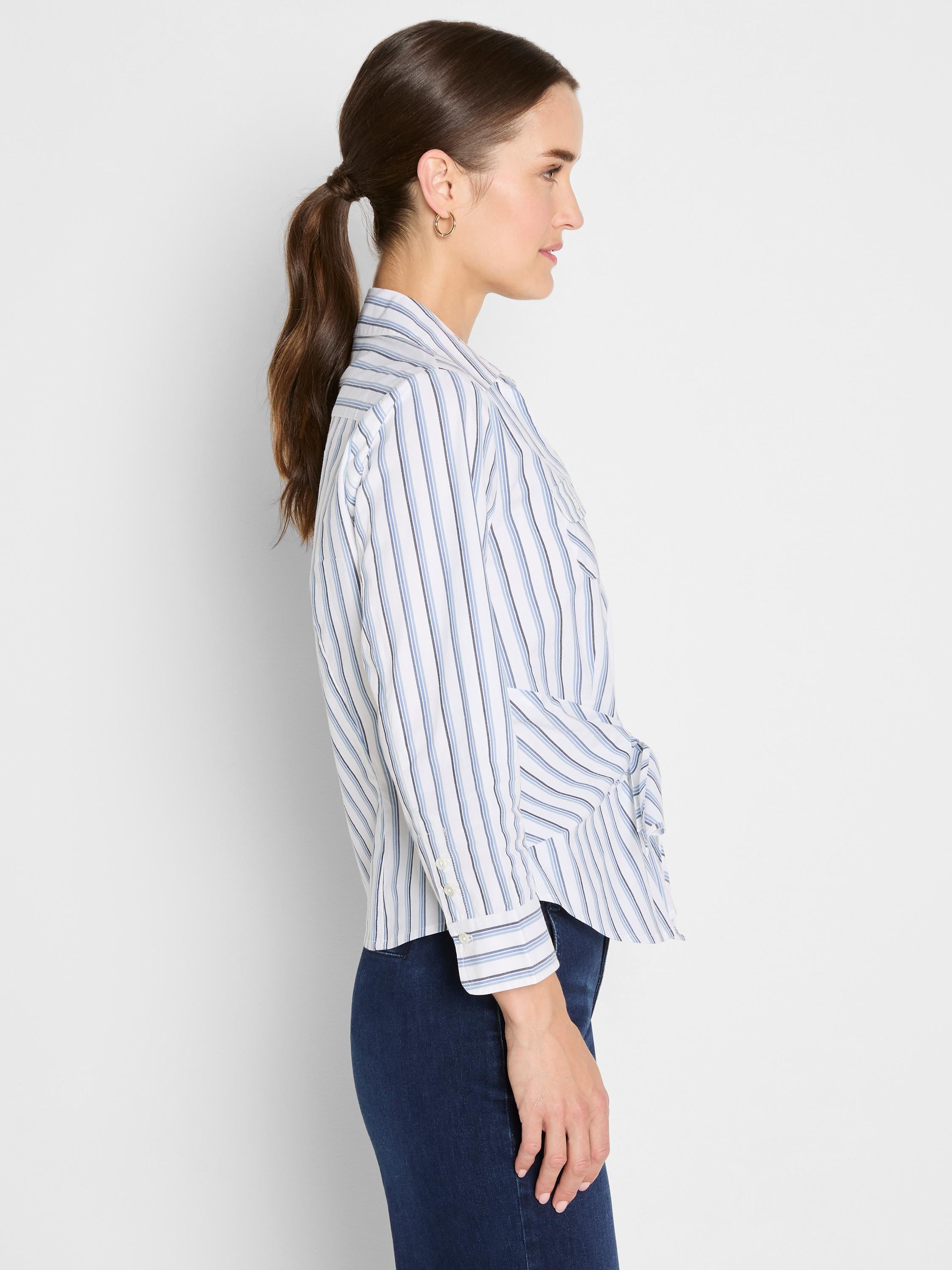 Cropped white and blue striped tie-front blouse with a relaxed fit and buttoned cuffs.