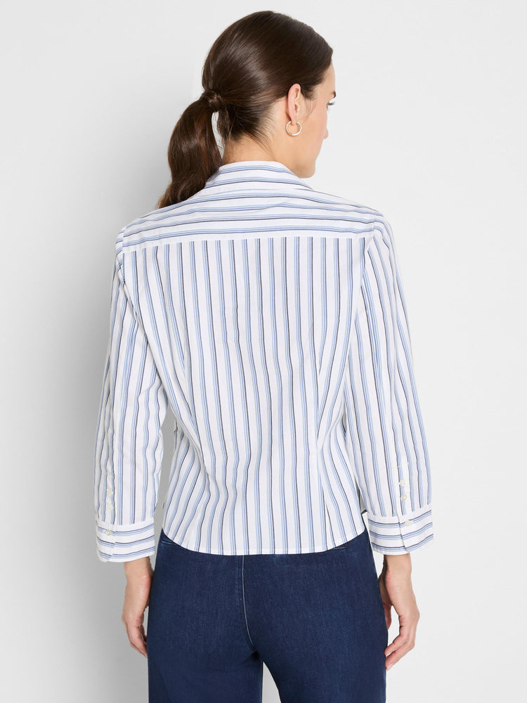 A tailored white blouse with vertical blue and grey stripes features three-quarter length sleeves cuffed at the forearm.