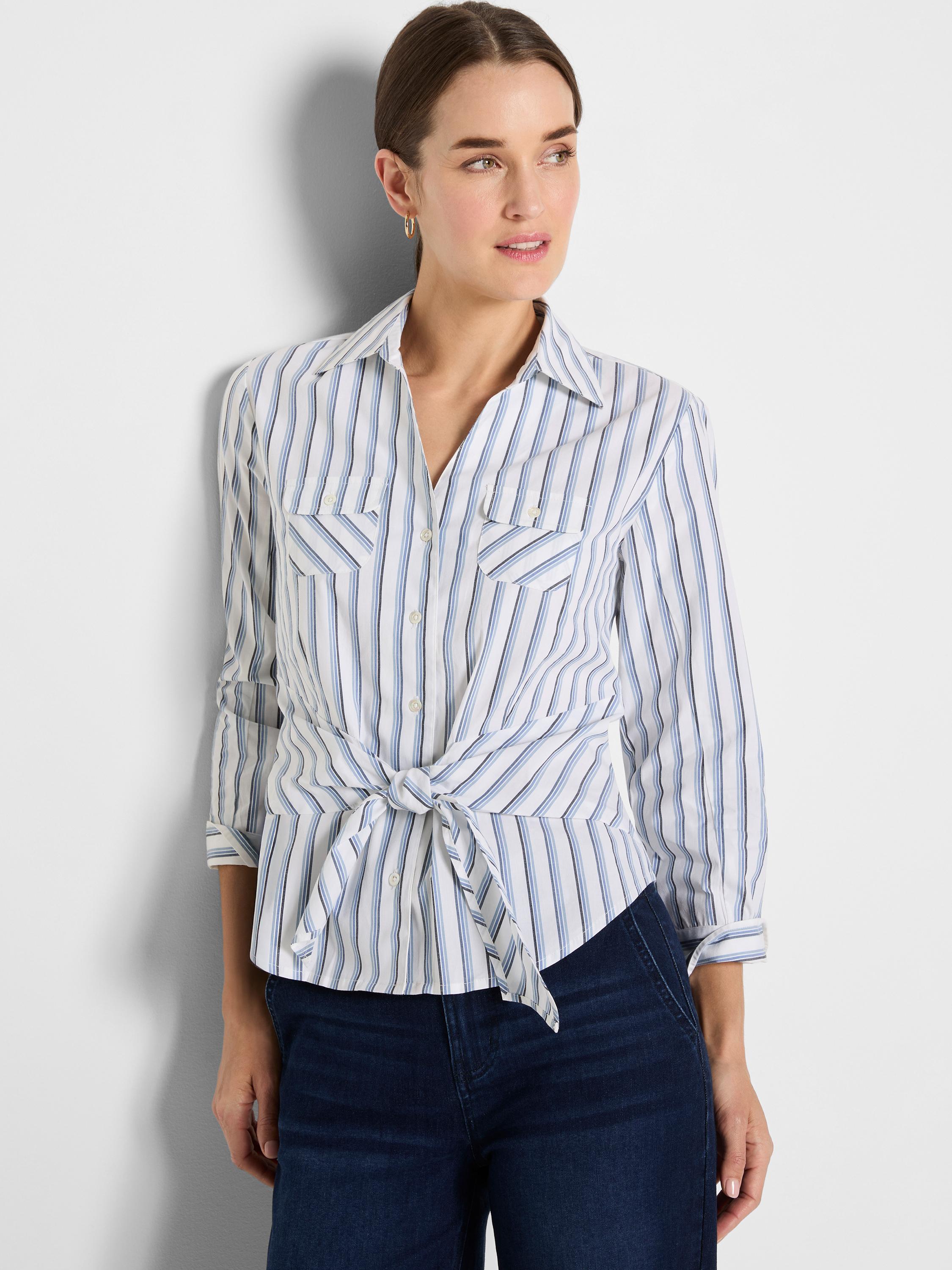 A tie-front button-down shirt in white with blue stripes features flap pockets and a cinched fit.