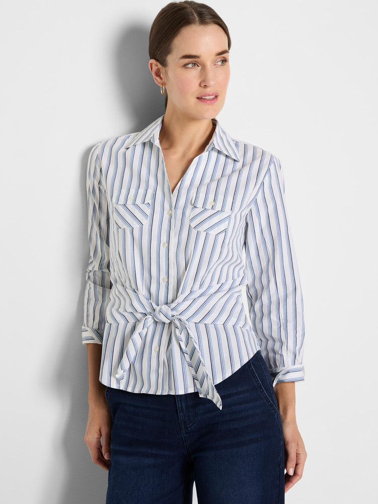 A tie-front button-down shirt in white with blue stripes features flap pockets and a cinched fit.
