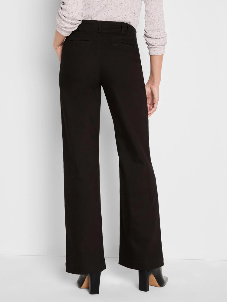 Black wide-leg trouser jeans, model from behind. Features waistband with belt loops & two back welt pockets.