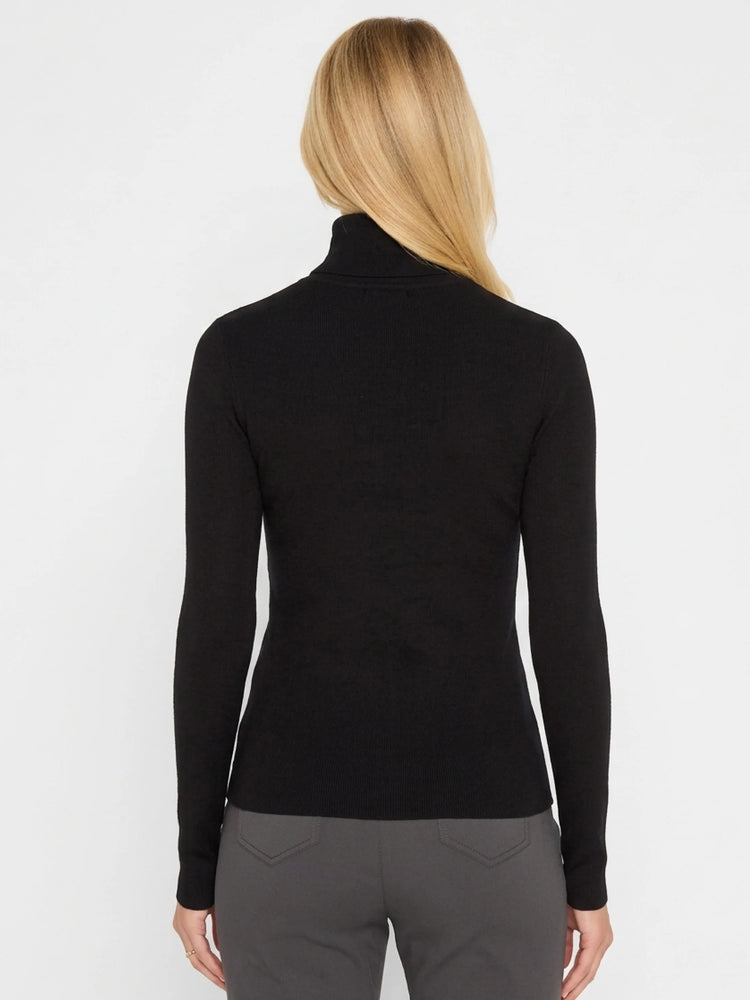 Black rib knit turtleneck, worn from behind. Features a folded collar, long sleeves, and visible ribbed texture.