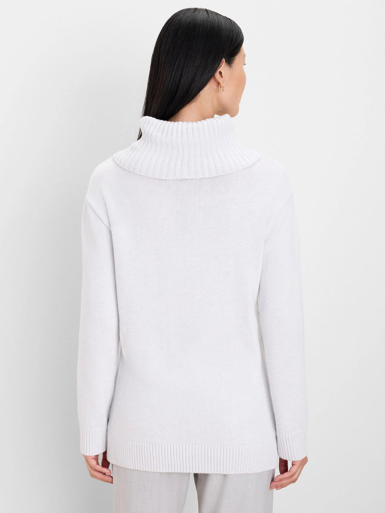 Light grey knit sweater, back view. Features a ribbed foldover turtleneck, long sleeves, and ribbed cuffs and hem.