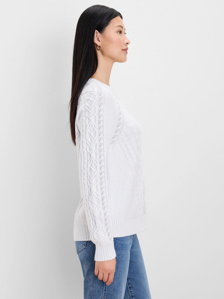 Off-white patchwork cable sweater with mixed knit patterns.