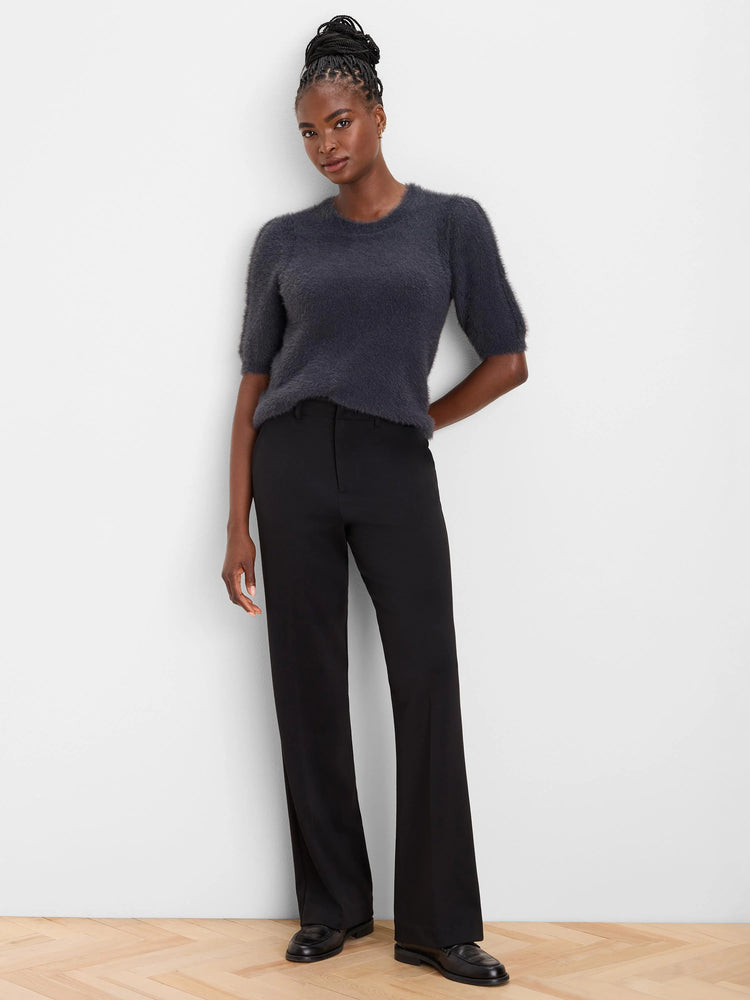 Dark gray brushed sweater tee with a fuzzy texture, crew neck, and short sleeves.