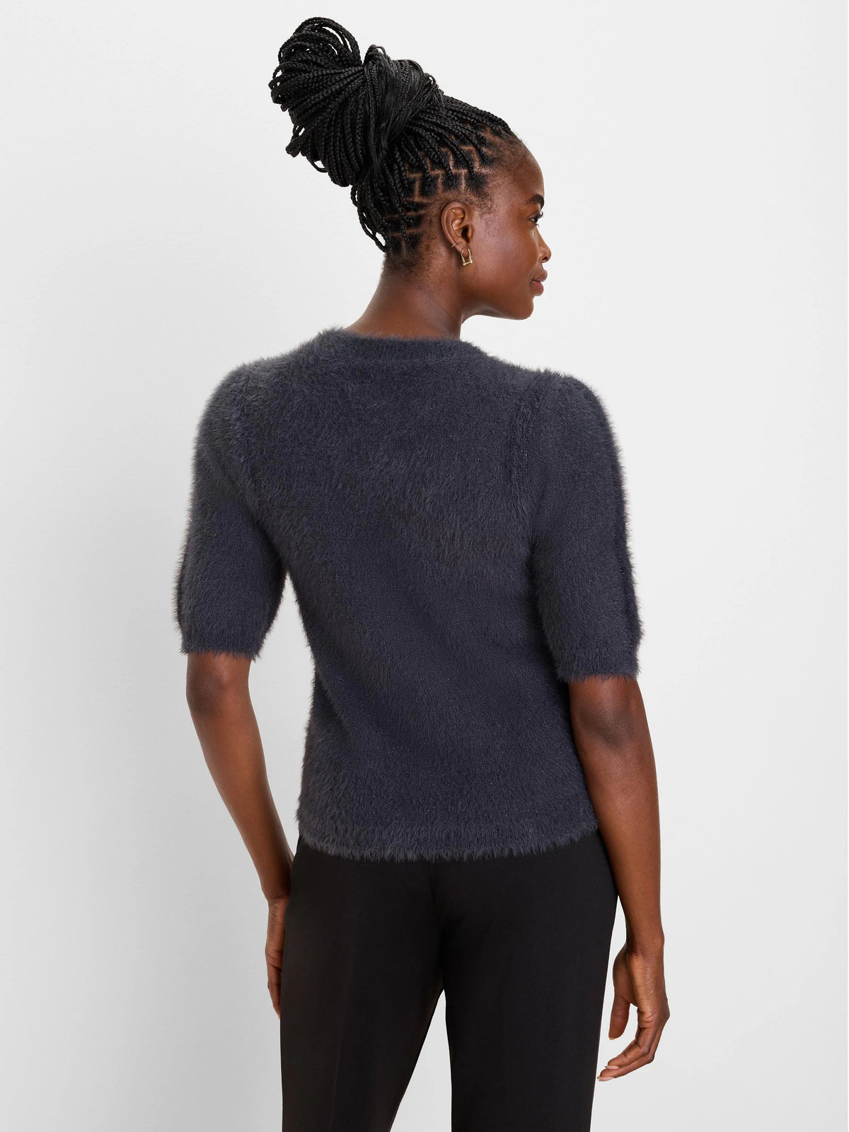 Dark gray, brushed short-sleeve sweater tee with a crew neck.
