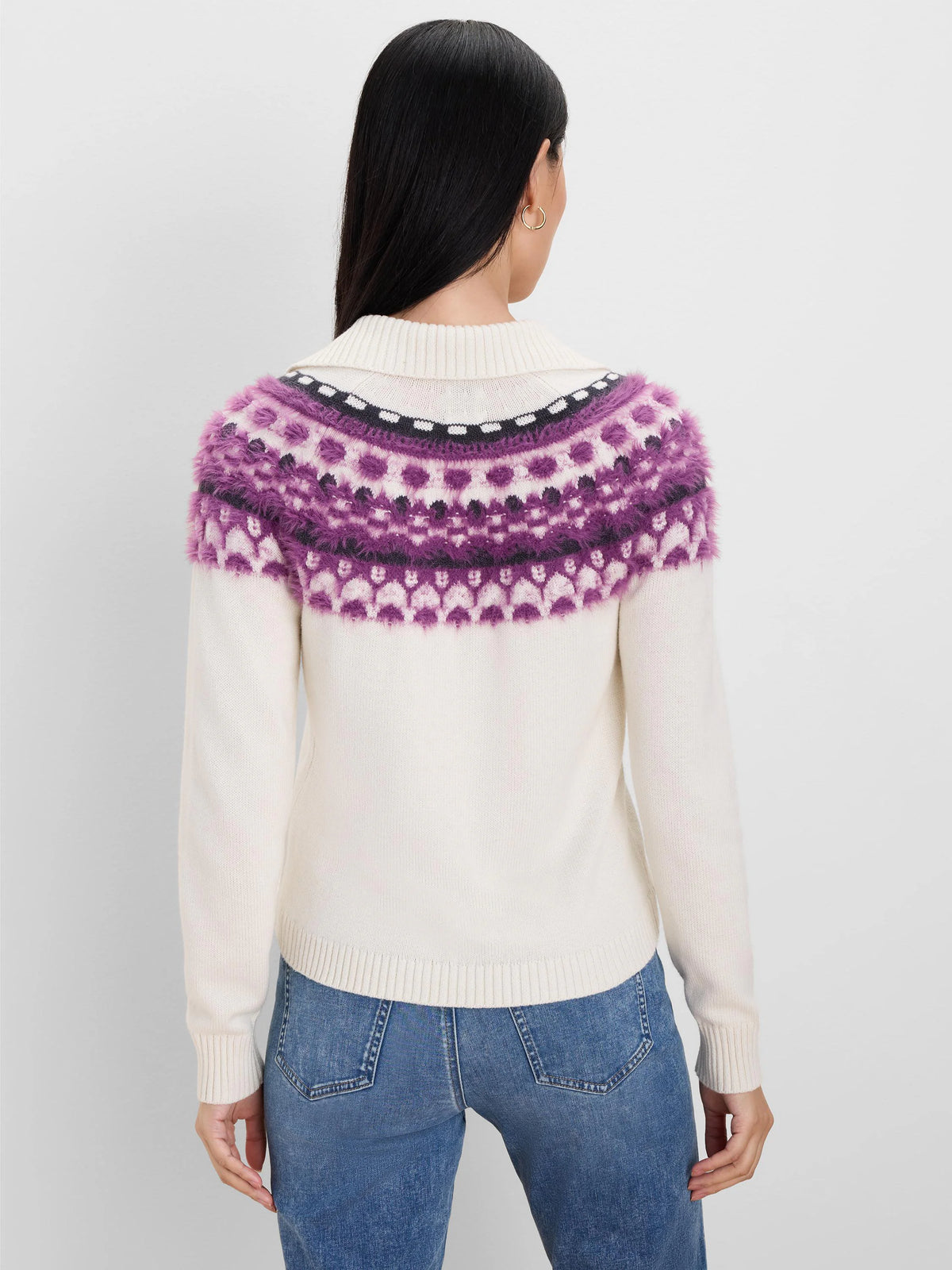 Cream Fairisle sweater with fuzzy purple & black pattern on the upper back. Polo collar.