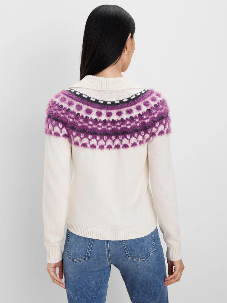 Cream Fairisle sweater with fuzzy purple & black pattern on the upper back. Polo collar.
