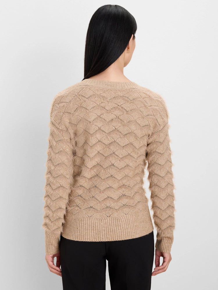 Tan scallop knit sweater with fuzzy texture and subtle sparkle.
