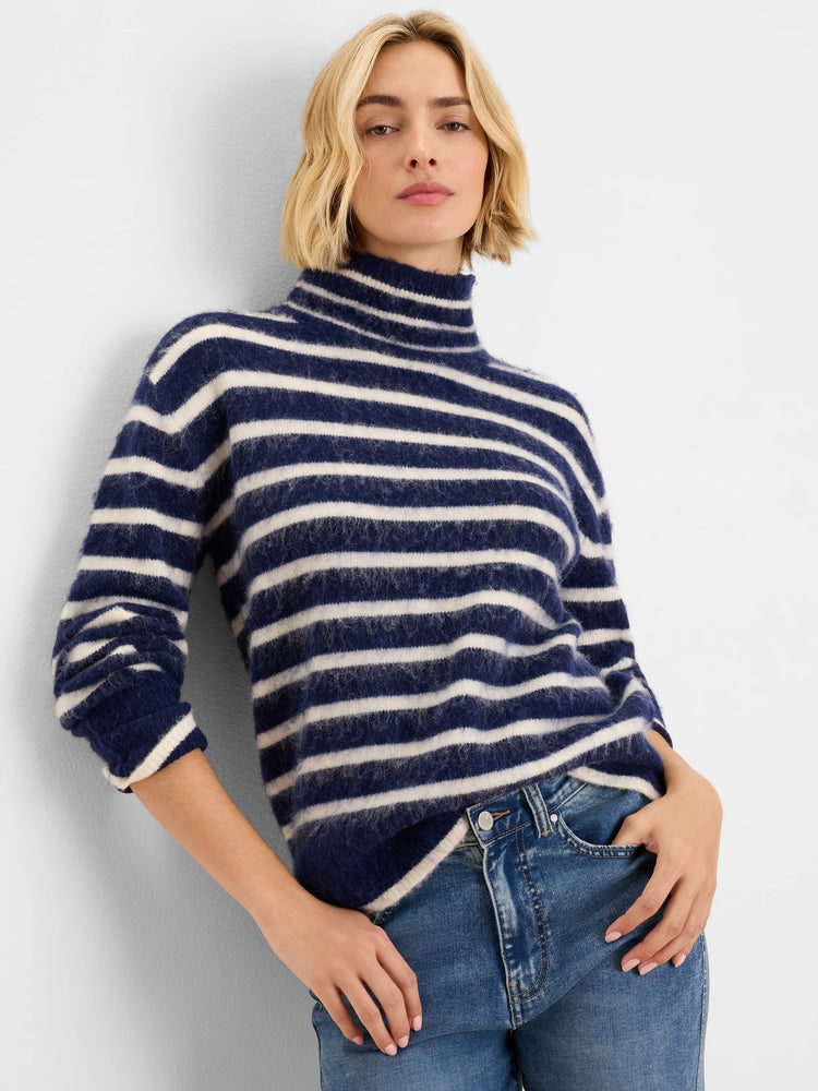 Navy and cream horizontal striped brushed turtleneck sweater.