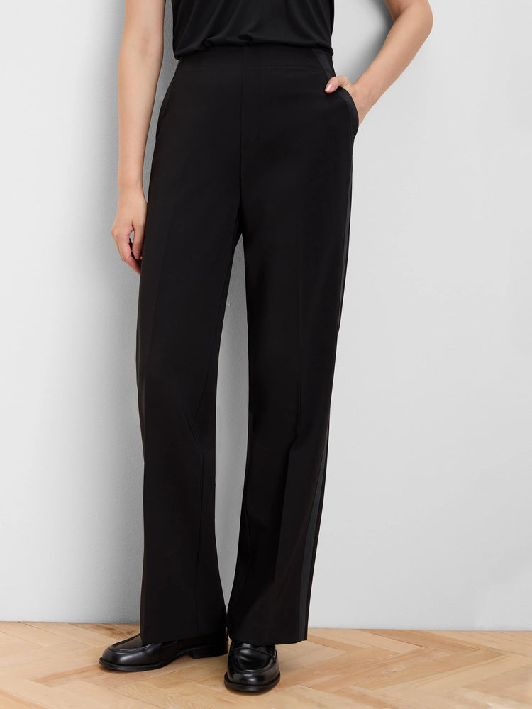 Black wide-leg pants with grosgrain details running down the outer seams.