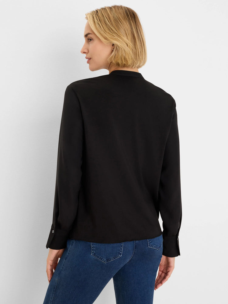 Black long-sleeve shirt with band collar and buttoned cuffs, rear and side view on model.