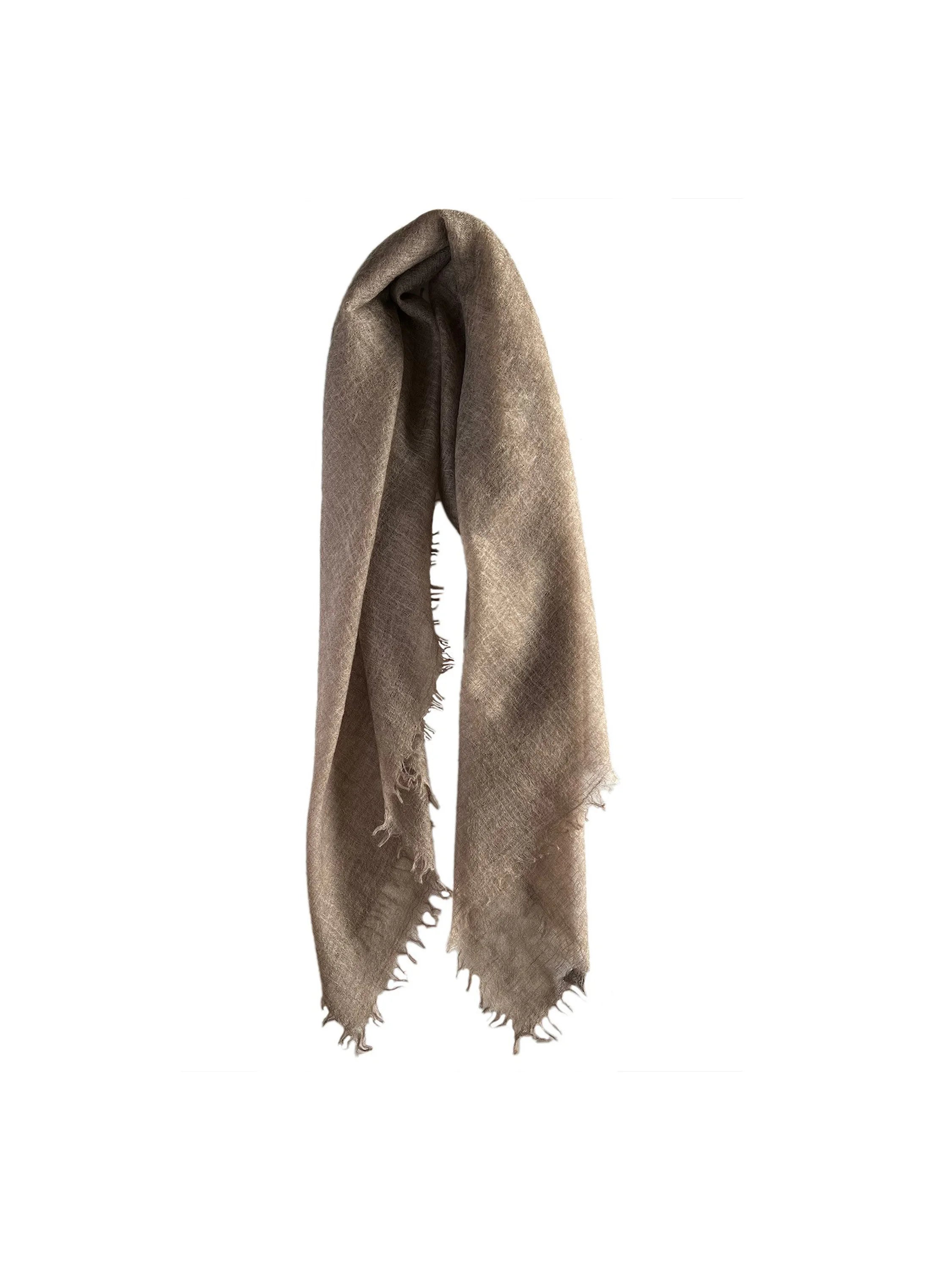 Taupe cashmere neck scarf, draped with visibly frayed edges.