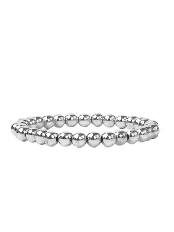 Bracelet with large, shiny silver, round beads.
