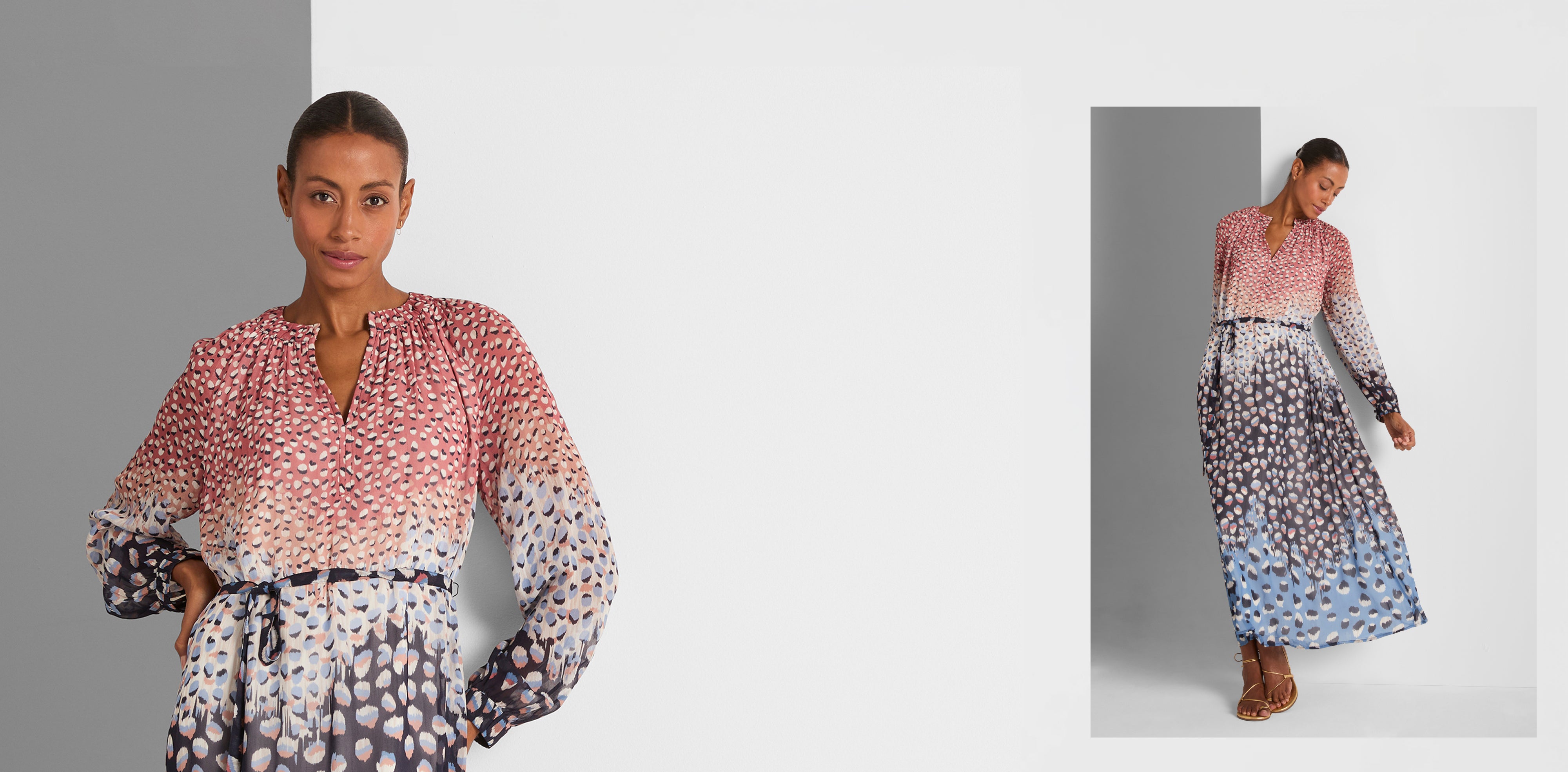 Woman wearing a patterned dress on a website homepage with 'Nic & Zoe' branding.