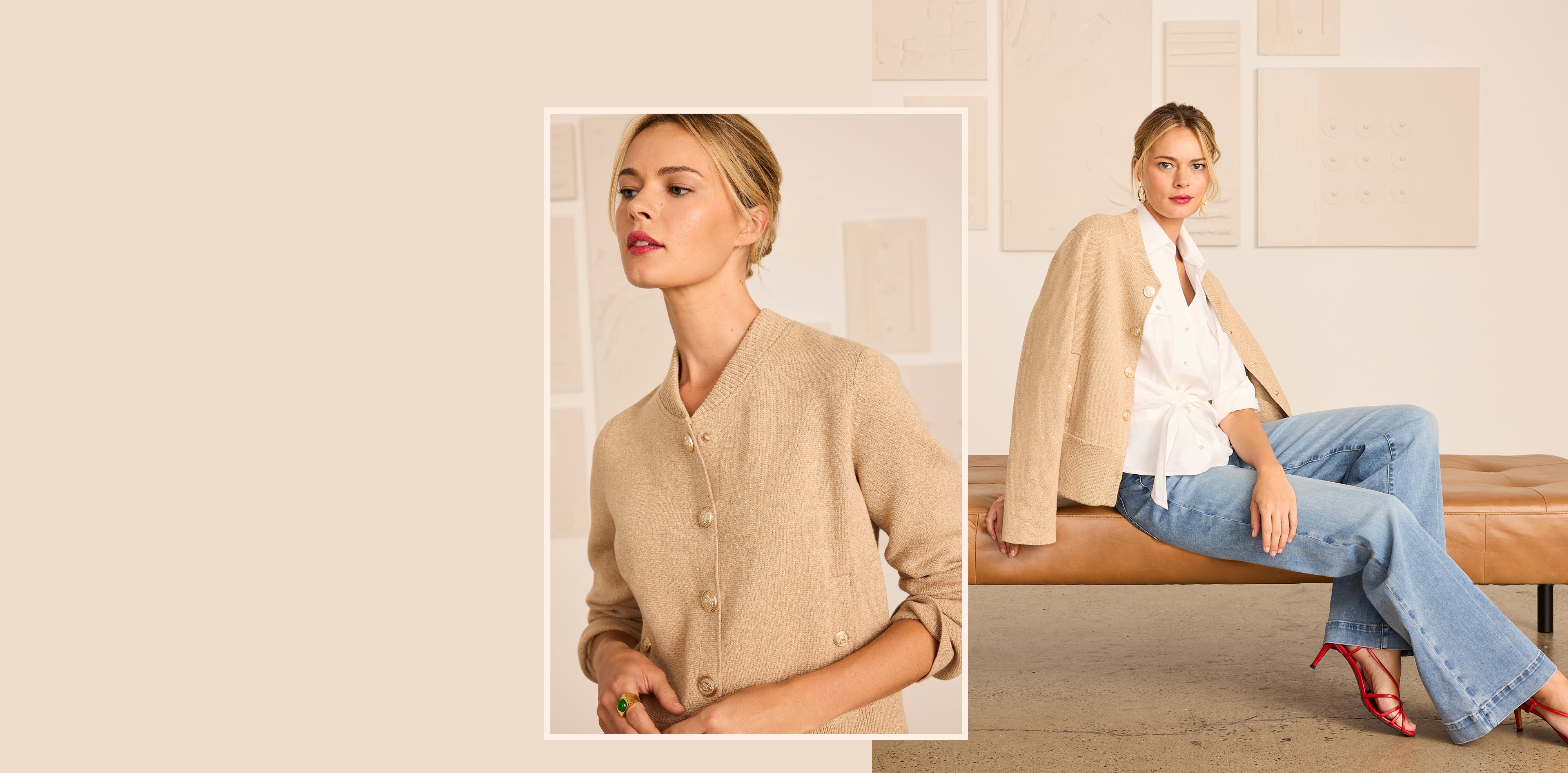 Woman wearing a beige cardigan and white blouse with blue jeans, sitting on a bench.