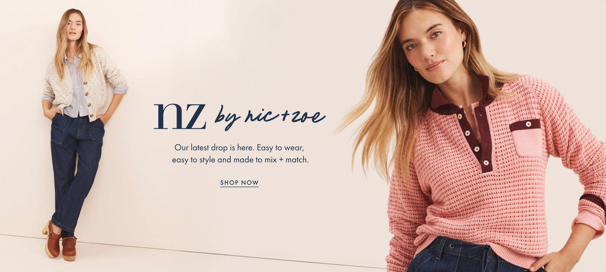 A promotional fashion banner for 'nz by nic & rose' featuring a model on the left in a light cardigan and jeans, and a larger close-up on the right of a model wearing a pink waffle-knit polo shirt with dark brown trim. The background is a clean off-white studio wall with the brand logo and text.