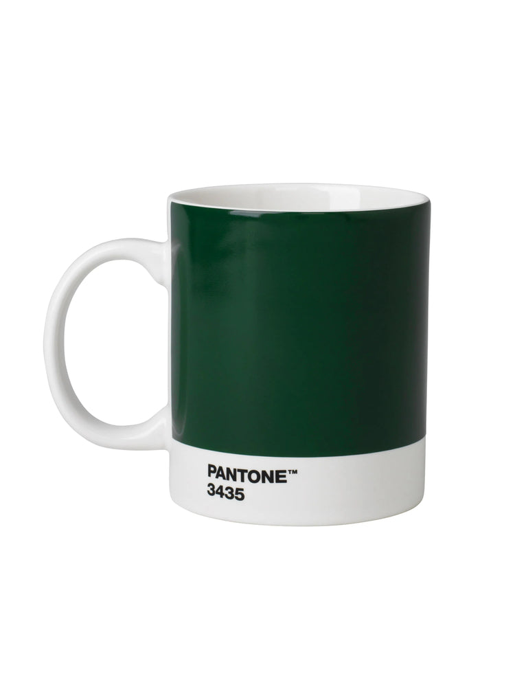 Dark green mug, white handle, interior, and bottom band. Black "PANTONE 3435" text on the white band.