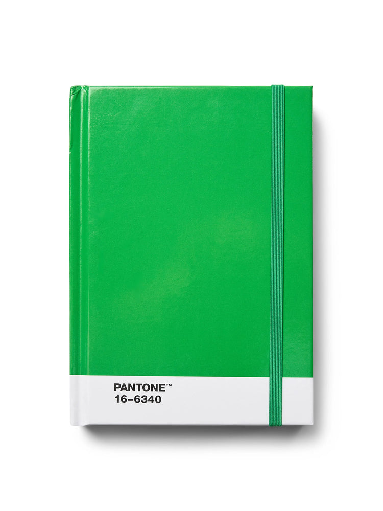 Small green notebook with a vertical green elastic band. A white bottom strip features "PANTONE 16-6340" text.