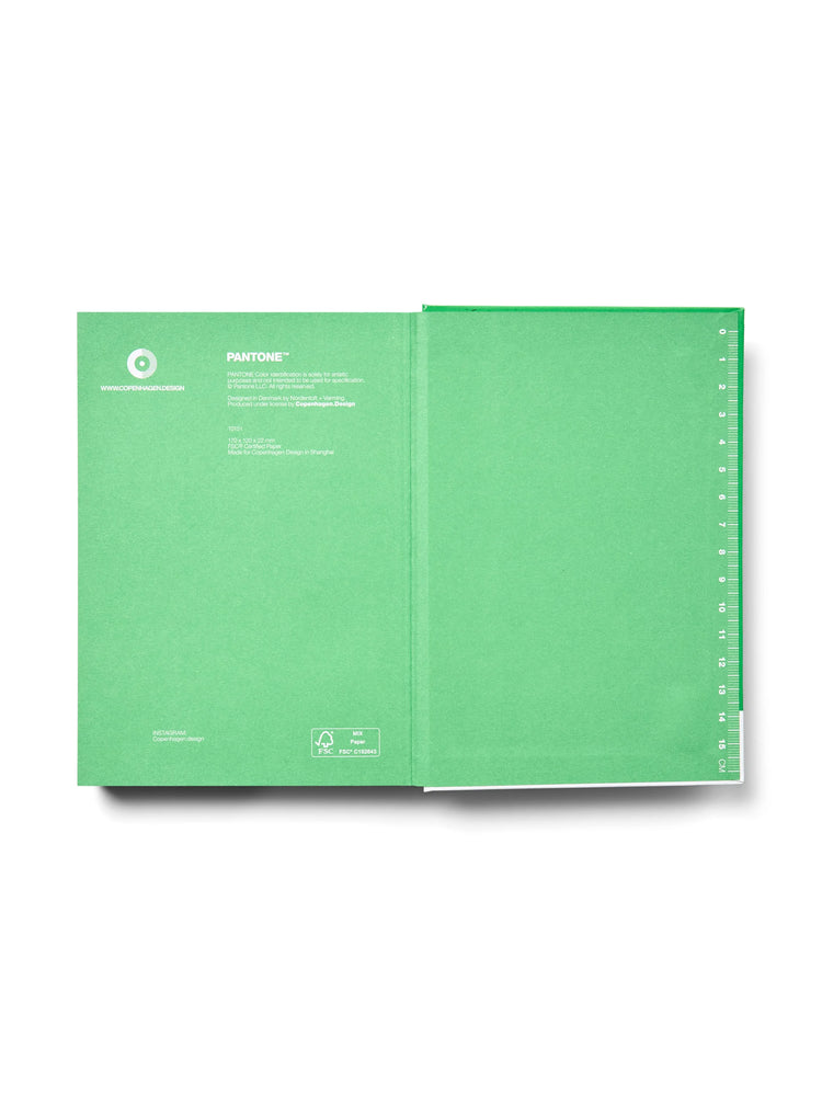 Small green notebook; open, showing blank, light-green pages.  A centimeter ruler is visible on one edge.