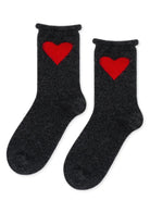 Charcoal gray crew socks with red hearts on the ankles.