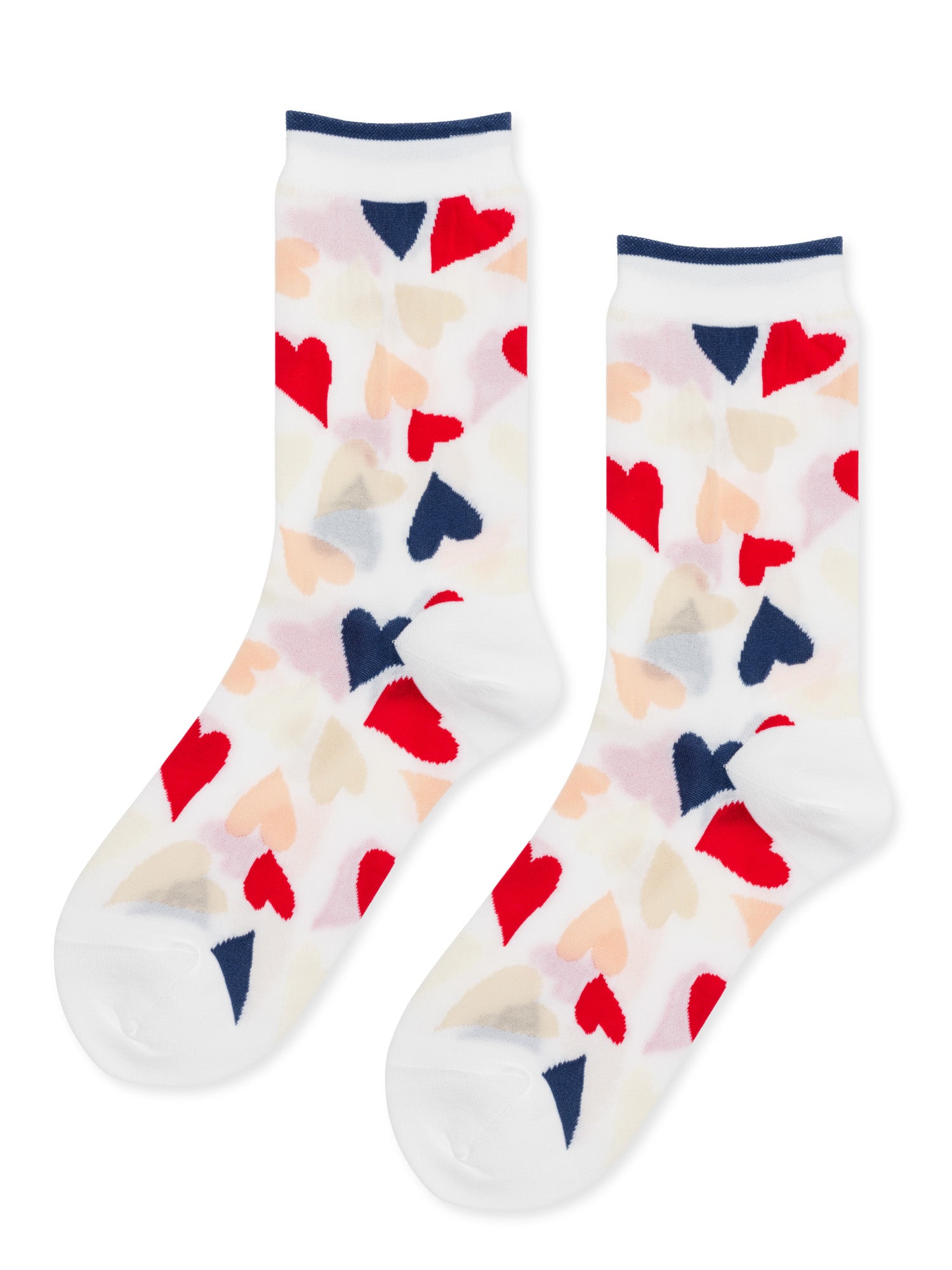 White crew socks display a playful pattern of red, navy, and beige hearts, accented by a narrow navy cuff.