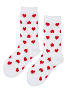 White crew socks feature a red heart print and a ruffled cuff detail.