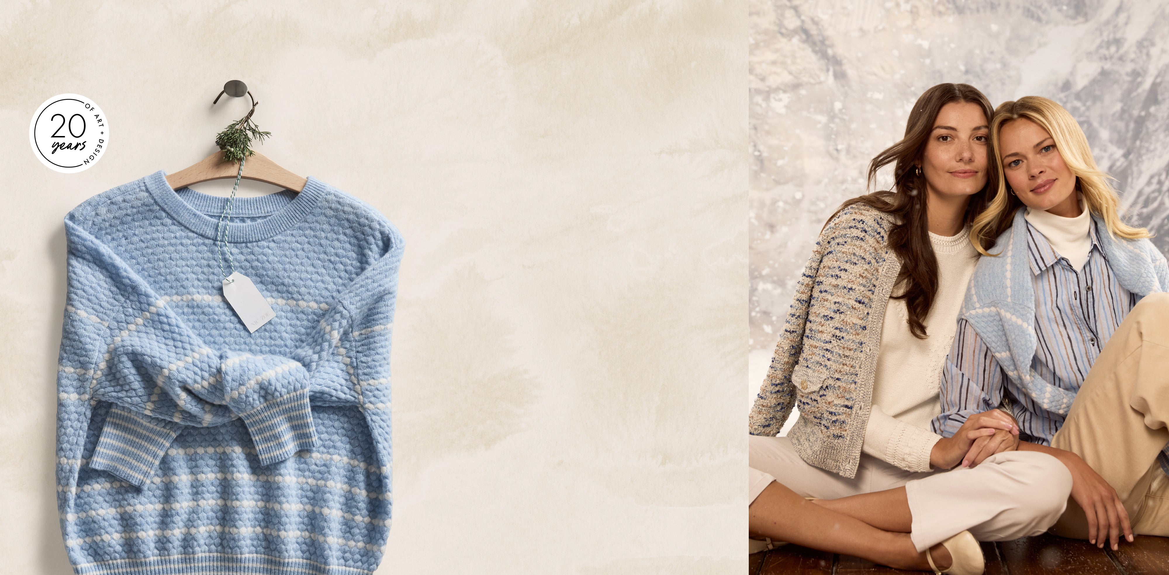 Blue checkered sweater on a hanger with a textured beige background, and two women posing together in a cozy indoor setting.
