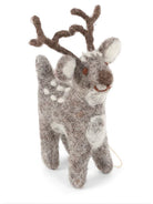 Mottled grey felt deer ornament with white spots, white inner ears, small dark eyes, and dark brown antlers.