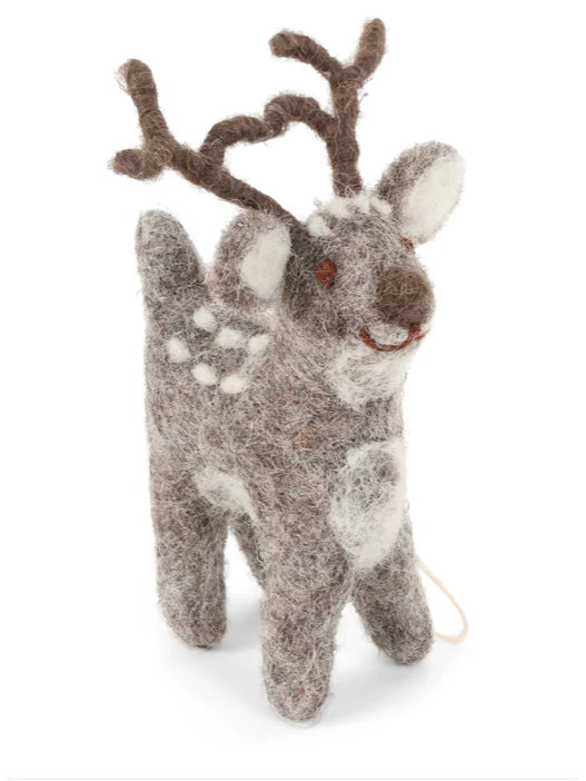 Mottled grey felt deer ornament with white spots, white inner ears, small dark eyes, and dark brown antlers.