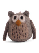 Felted grey owl ornament with round body, light brown speckled chest, white eye rings, black pupils, and orange beak.