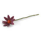 Felt cosmos flower, plum petals, orange center, green stem.