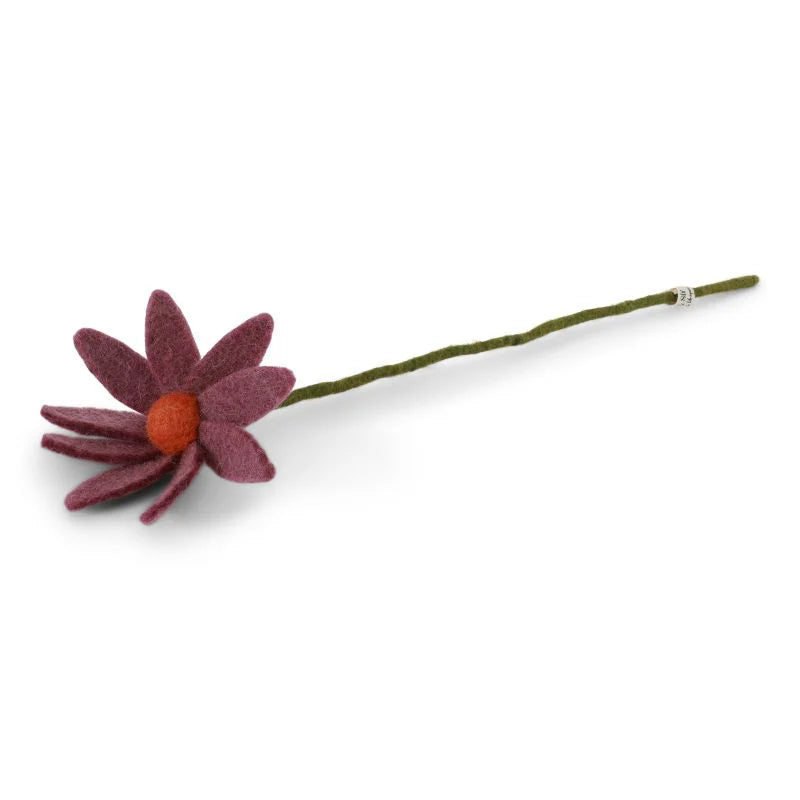Felt cosmos flower, plum petals, orange center, green stem.