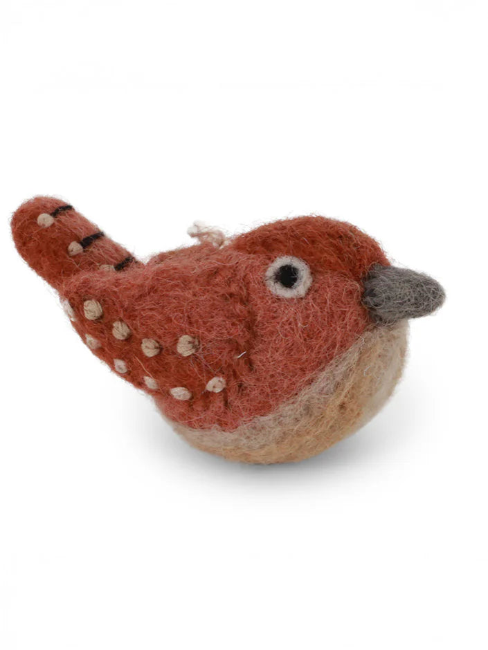 Felted wren ornament, rusty brown with cream dots, beige belly, black eye, gray beak, and striped tail.