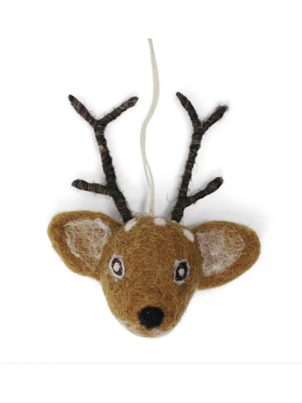 Handmade felt brown deer head ornament, dark branch antlers, white spots, black eyes/nose, light hanging string.