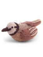 Felted bird ornament; lavender-brown body, light beige face, dark brown beak/mask, striped tail/wings.