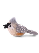 Felt Tufted Titmouse ornament: gray crest, black face, cream body with orange flank, gray wings with white stitches.