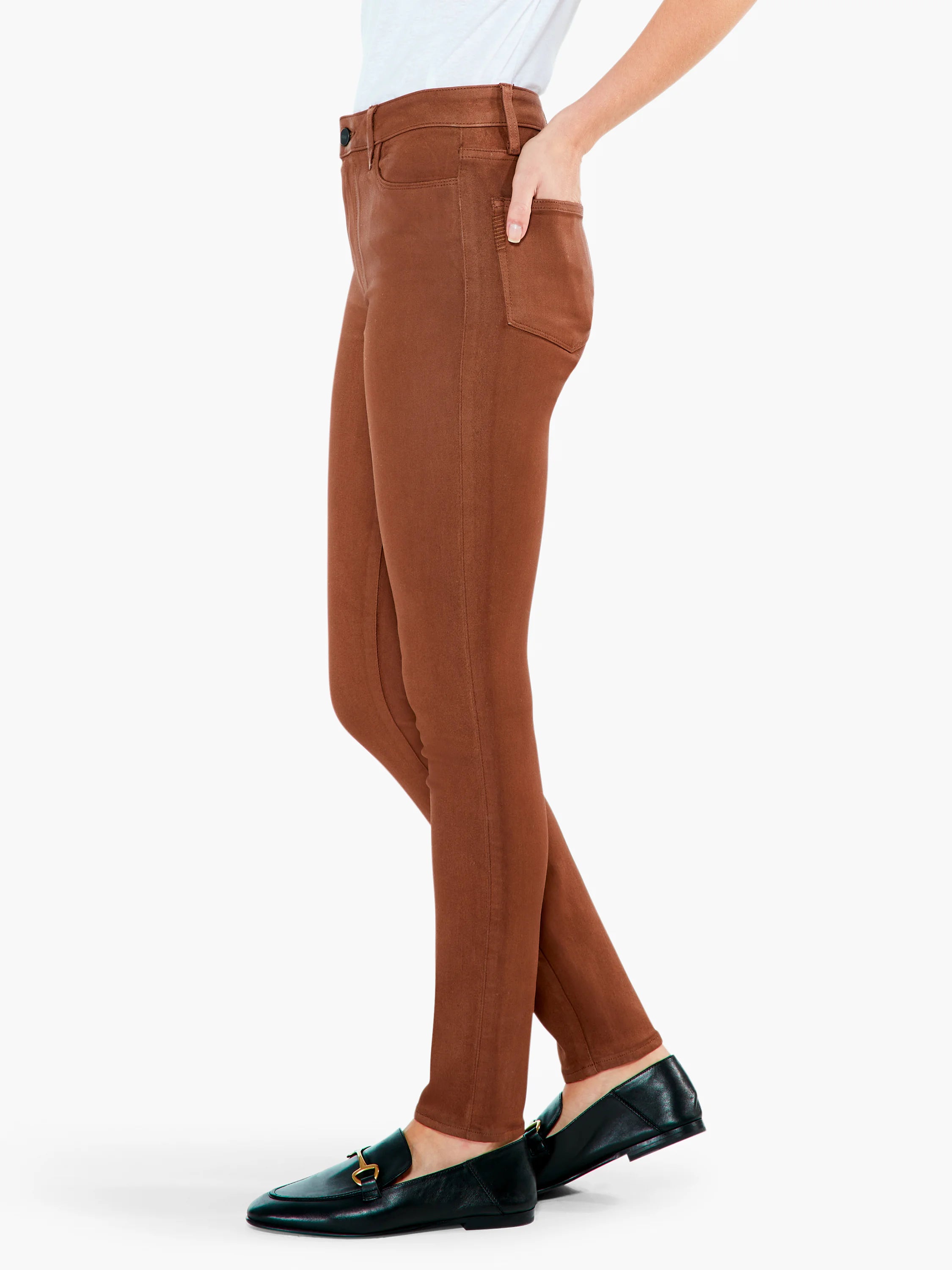 Cognac brown slim-fit ankle pants with front pockets, belt loops, and button closure.