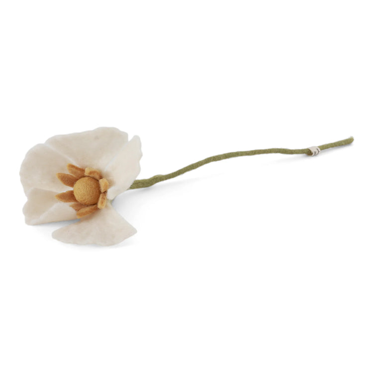 Felt poppy flower with cream petals, a tan center, and an olive green stem.