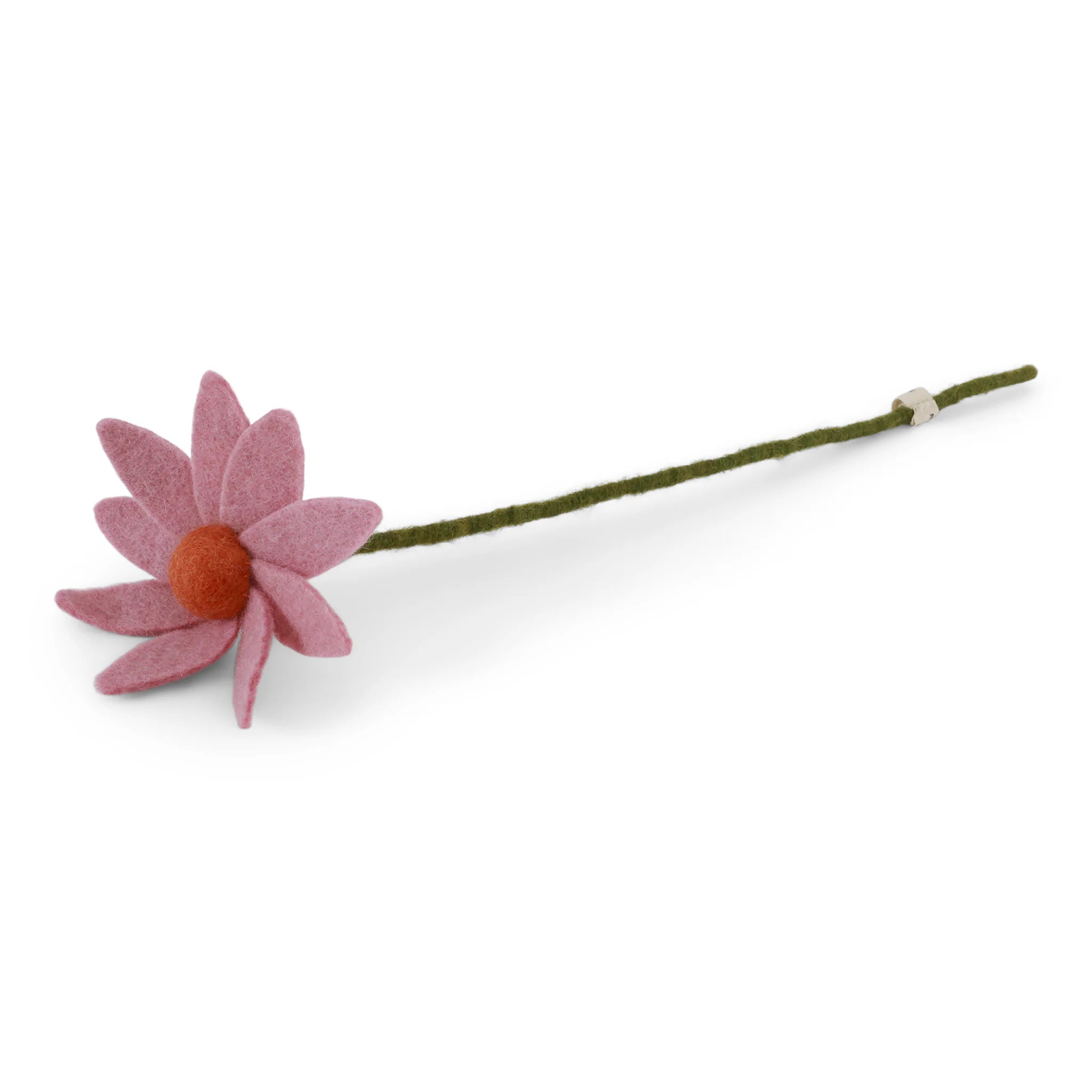 Pink felt flower with an orange center & long green stem, plus a light band near the end.