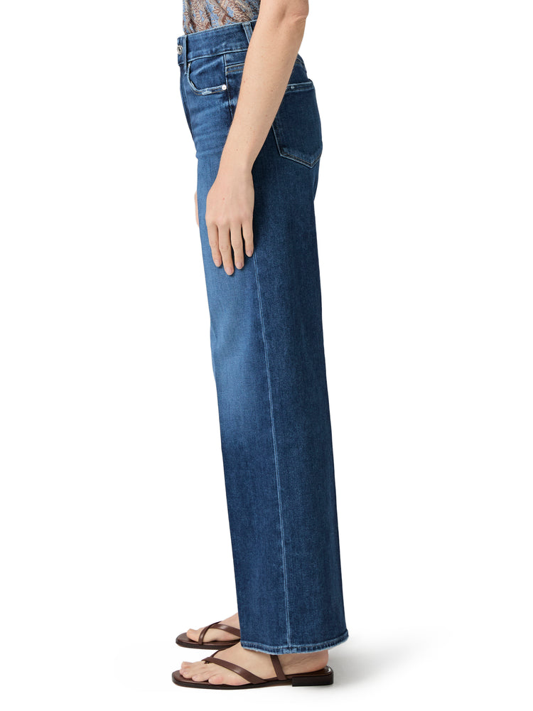 Dark blue high-waisted denim jeans with a full-length wide-leg cut and center crease detail.