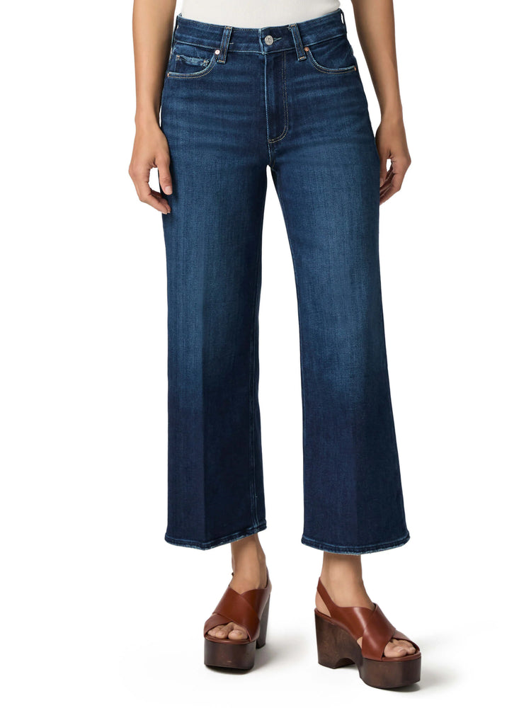 Dark wash blue, high-waisted wide-leg cropped jeans with a finished hem.