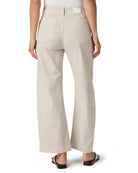 Back view of light beige wide-leg ankle pants with visible back pockets and a cuffed hem.