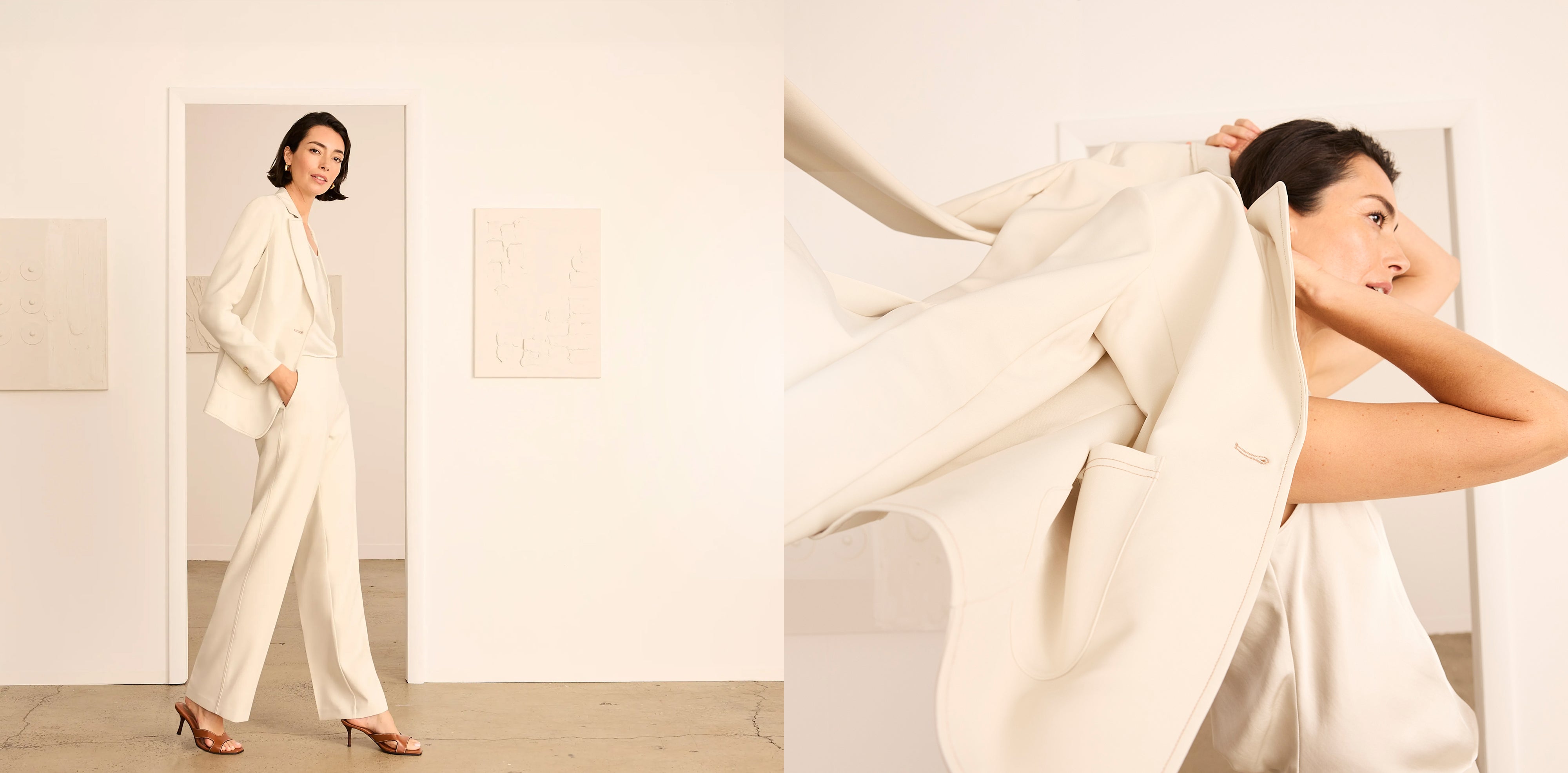 Woman in a white outfit holding fabric in a minimalistic room.