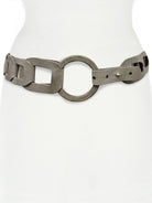 Weathered grey belt featuring chunky interlocking links, a large central O-ring buckle, and a strap secured by a small stud.