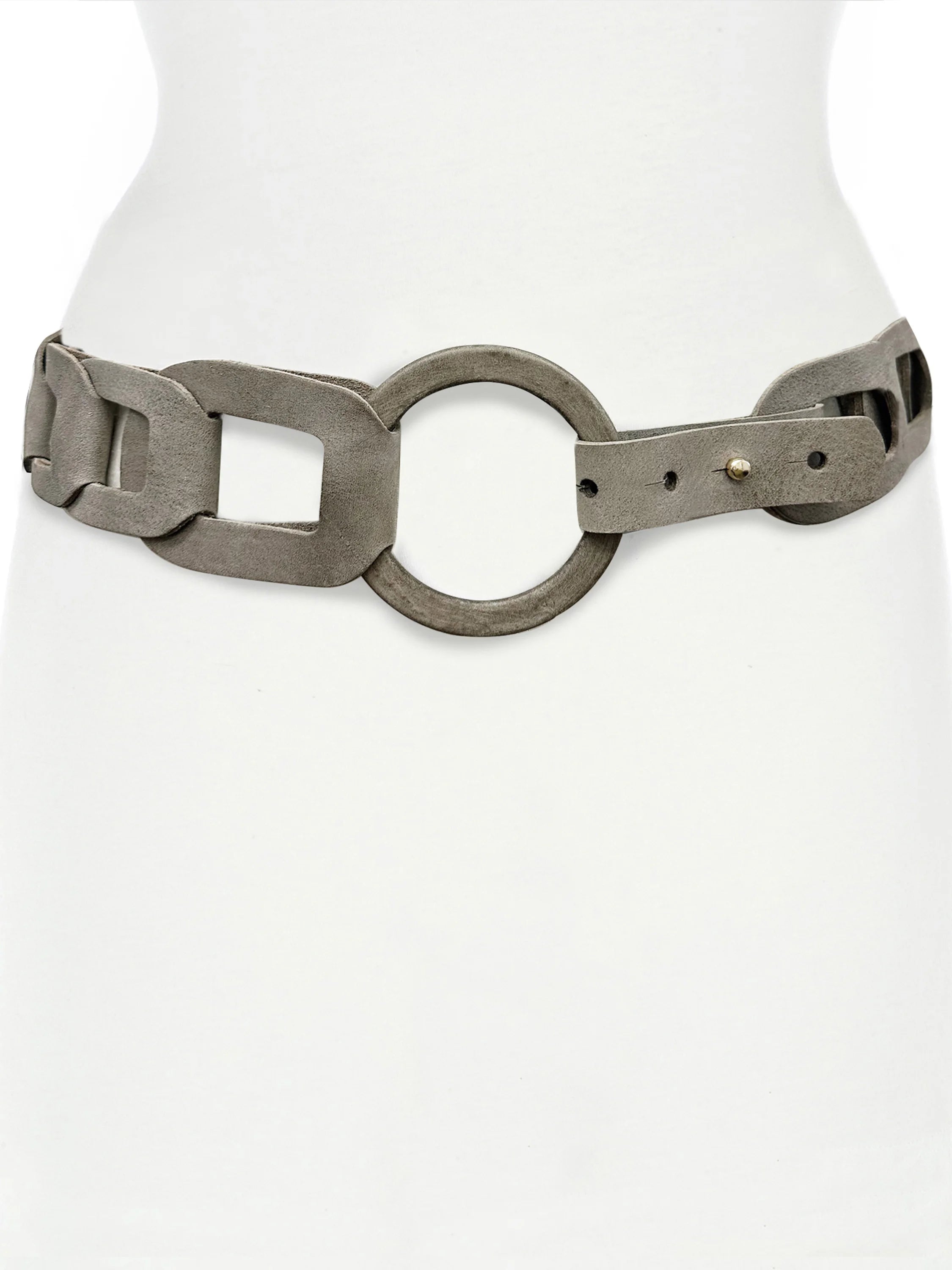 Weathered grey belt featuring chunky interlocking links, a large central O-ring buckle, and a strap secured by a small stud.