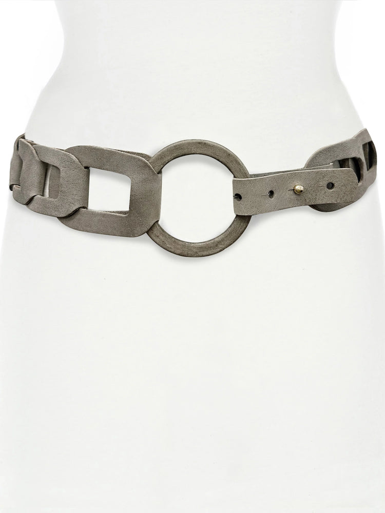 Distressed grey belt with thick, interlocking links. Features a large central ring and a stud closure.