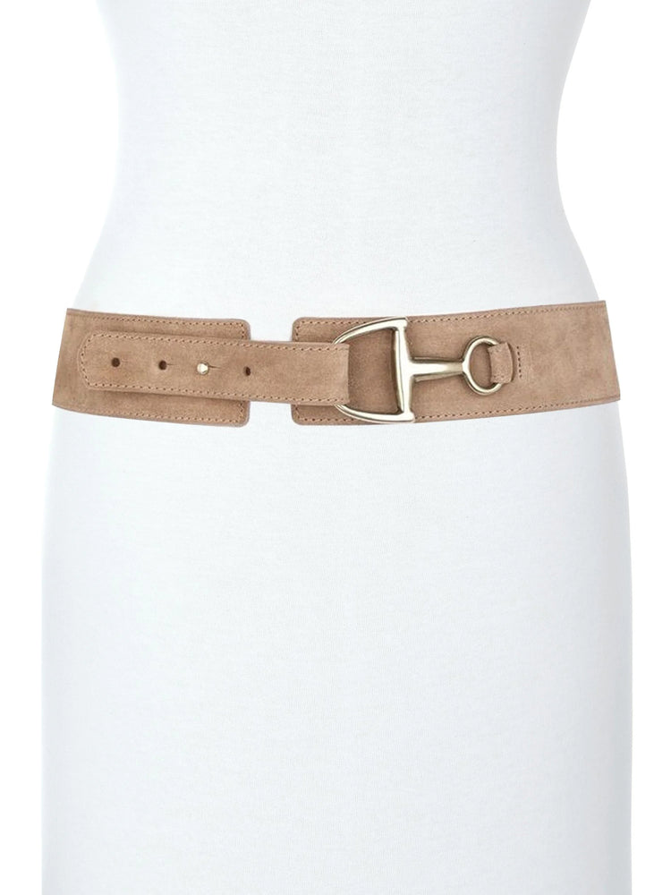 Tan suede belt with a gold-toned horse bit buckle.